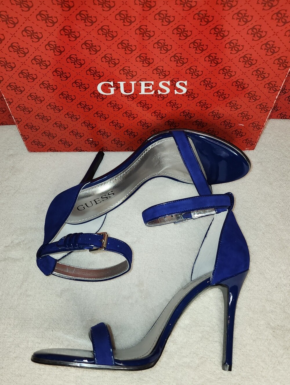 GUESS Blue Patent Ankle-Strap Open-Toe Heels